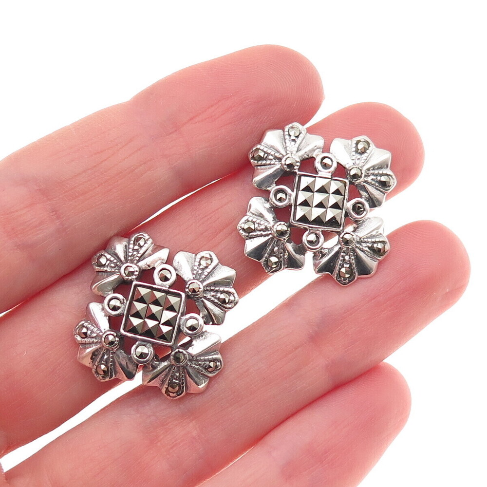 925 Sterling Silver Vintage Real Marcasite Floral Cross Clip On Earrings